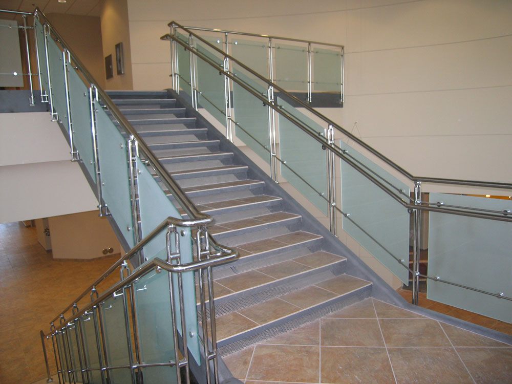 Ancona office Center - frosted glass with stainless steel post, cap rail, and handrail.