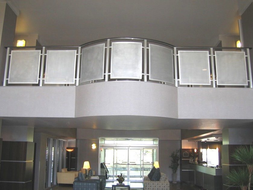 Wingate Hotel - radius aluminum perf metal and railing with clear coat.